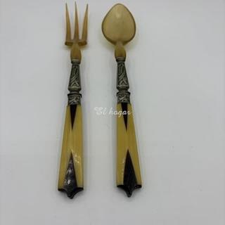 Cubiertos de servir ensalada, de asta, metal plateado y baquelita. Art Decó - Imagen 2